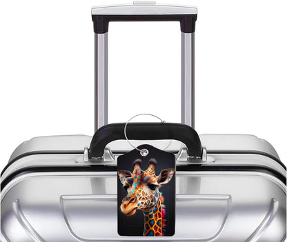 2 Pack Luggage Tag for Suitcase, Cute Unique Leather Bag Tags Identifiers Privacy Cover ID Label with Durable Steel Loop for Women Men Kids Girls Travel，GiraffeB