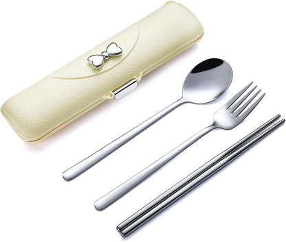 DEVICO Travel Silverware Set with Case, Portable Lunch Utensils Set for Work, Reusable Travel Cutlery Set, 18/8 Stainless Steel Flatware for Caming School Picnic, Dishwasher Safe (Light Yellow)