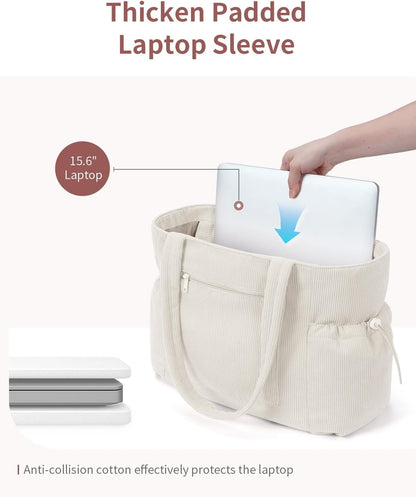ECOHUB Tote Bag for Women, Work Tote Bags with Laptop Compartment, Large Corduroy Tote Bag with Stanley Cup Holder