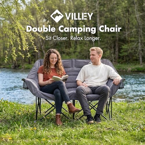 VILLEY Oversized Double Camping Chair, Heavy-Duty Folding Loveseat, Grey