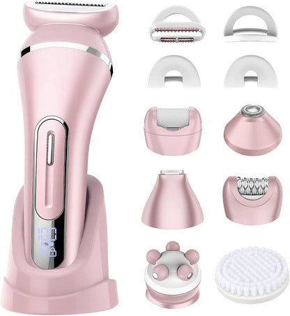 Electric Shavers for Women, 7 in 1 Hair Removal Kit with Epilator Bikini Trimmer Face Razor Body Brush Face Massager Foot Callus Remover, IPX7 Waterproof Lady Razors Set for Legs Armpit Bikini Pubic