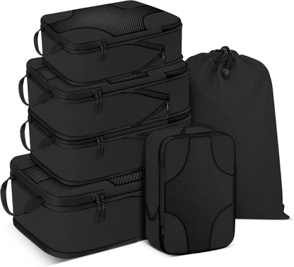 6 Set Compression Packing Cubes Bags for Travel Women, Compression Bags Organizer for Packing Luggage Space Saving, Suitcase Organizer Bags Set for Travel Essentials - Black