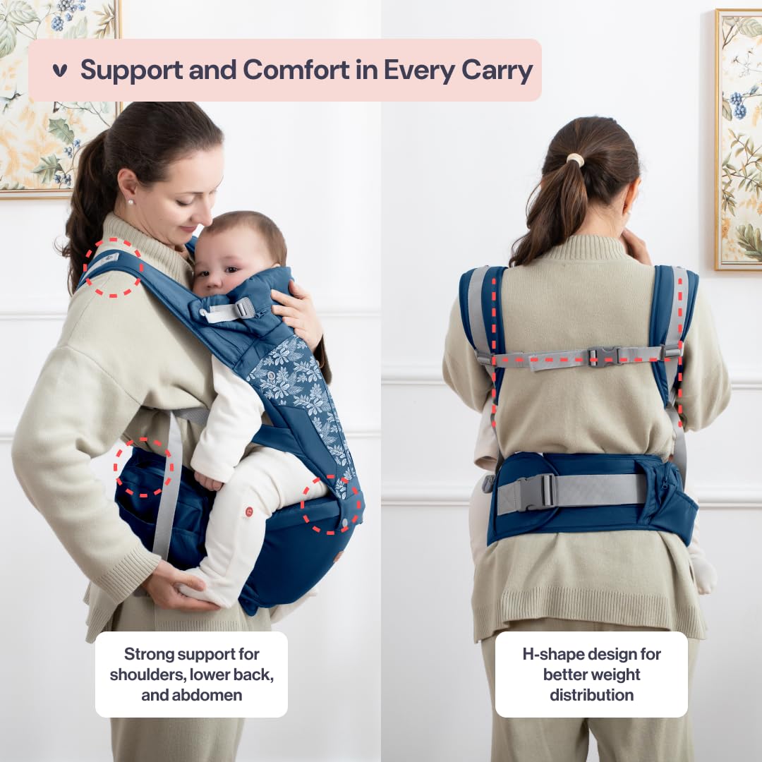 BabbleRoo Grow Carrier – 6-in-1 Baby Carrier with Hip Seat, Ergonomic, Cozy & Adjustable Toddler Carrier 7-50 lbs with Hip & Lumbar Support, Hood for Sun Protection, Newborn to Toddler, Denim Leaves