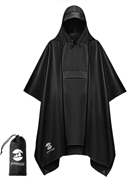 SaphiRose Extra Thick Hooded Rain Poncho Double Layer Waterproof Raincoat Jacket for Men Women Adults