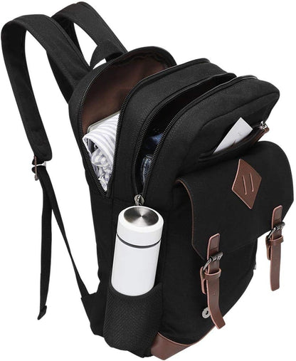 Canvas Backpack for Men Women, Vintage Rucksack Fits Most 15.6 Inch Laptop, Bookbag with USB Charging Port, Black