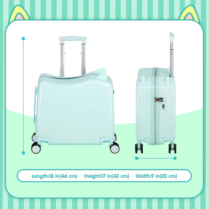 20" Ride-On Travel Suitcase for Kids, Cute Ear Toddler Carry on Luggage with Spinner Wheels, Children Rolling Trolly Luggage with Combination Lock (Green)