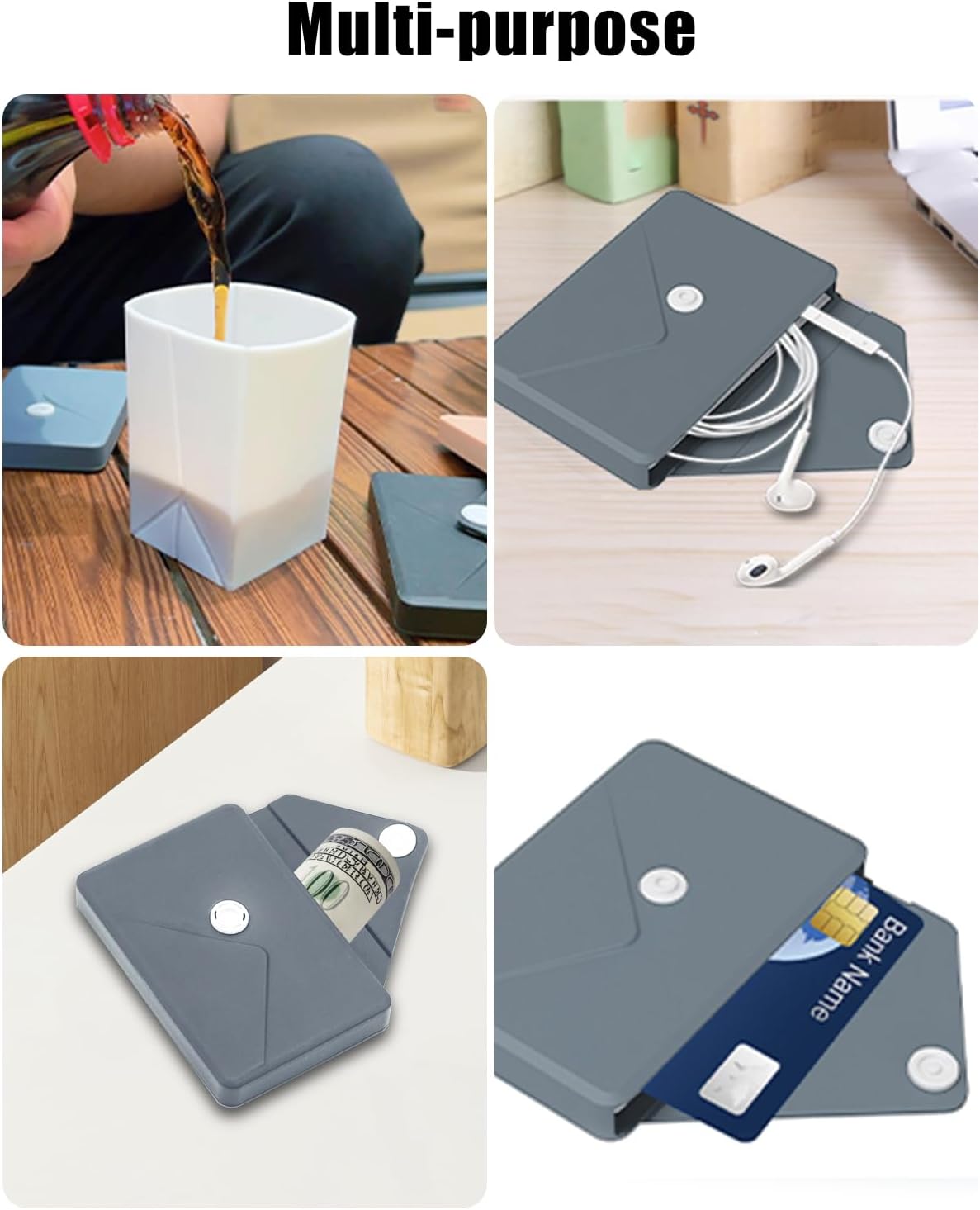 Collapsible Cup[2025 Upgraded] Silicone Foldable Water Cup, Collapse Water Bottles with Envelope-Shaped Storage Pouch, Portable Camping Cup for Outdoors, Travel, Camping (Space Grey)