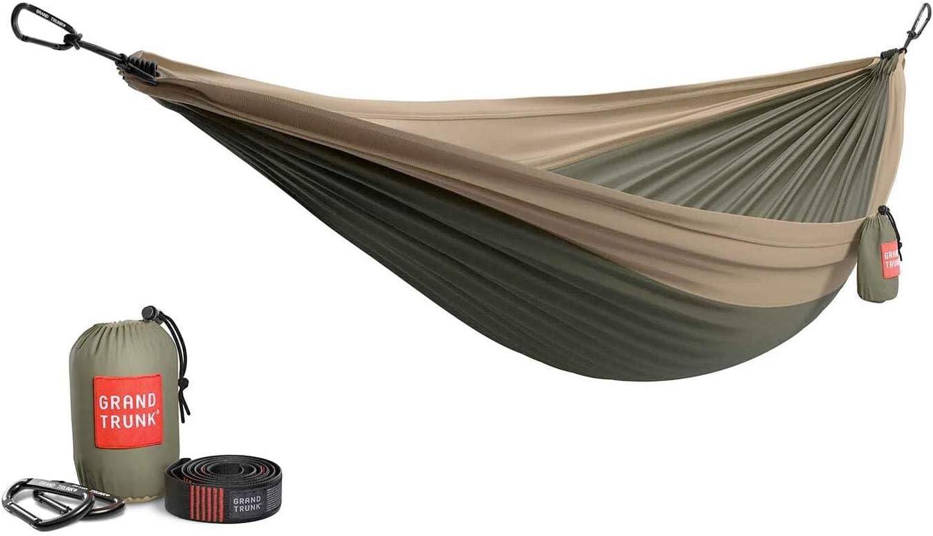 Grand Trunk Double Deluxe Parachute Nylon Hammock - 500lb Capacity Camping Hammock, 10.5x6.5ft, Lightweight & Durable (Olive Green/Khaki)