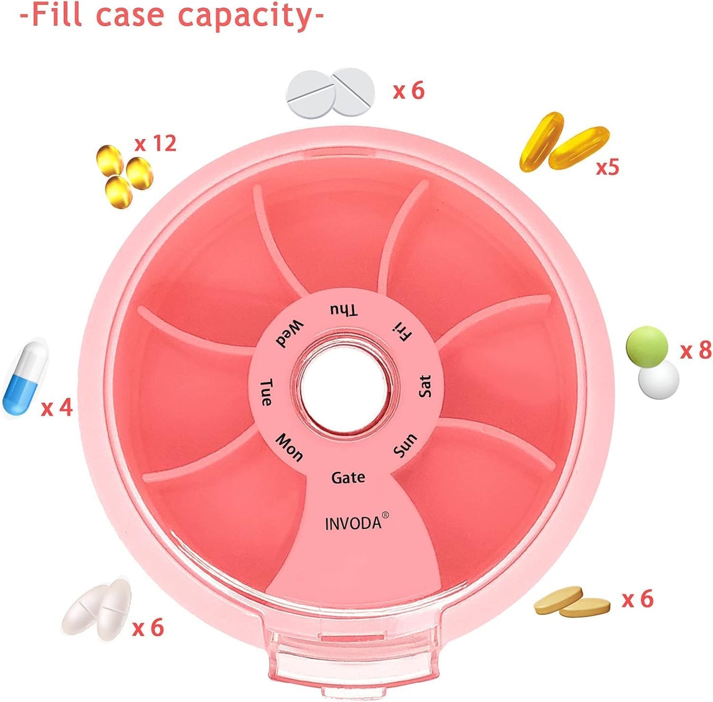 8PCS INVODA Weekly Pill Organizer 7 Compartment Rotating Pill Box for Daily Medication & Vitamins - Portable Travel Pill Case Fish Oil Supplements Vitamins Organizer