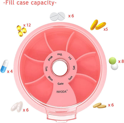 8PCS INVODA Weekly Pill Organizer 7 Compartment Rotating Pill Box for Daily Medication & Vitamins - Portable Travel Pill Case Fish Oil Supplements Vitamins Organizer