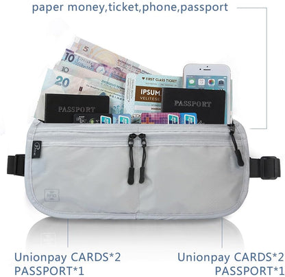 Travel Passport Holder 【1 PACK】2 in 1 Slim RFID Blocking Travel Money Belt for Men & Women, Hidden Neck Wallet for Credit Cards, Documents & Cash, Fanny Pack, MA-MO (Light Gray)