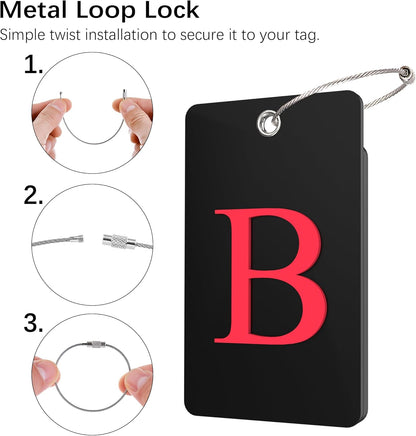 Gostwo 2 Pack Luggage Tags for Suitcases, 26 Initial Letter Travel Luggage Baggage Identification Labels ID Tag Fully Bendable Tags with Stainless Steel Loop (Black) (Letter B)