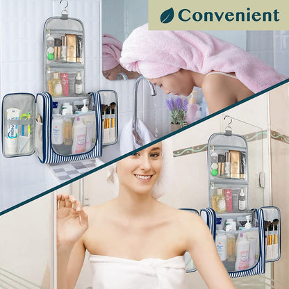 PAVILIA Extra Large Toiletry Bag Travel Bag for Women Men, Hanging Cosmetic Organizer, Water Resistant Makeup Bag for Accessories Toiletries, Travel Essentials Kit (Stripe Navy)