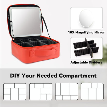 Travel Makeup Bag with LED Mirror and 10x magnifying glass with 3 Lighted Settings, Adjustable Dividers and Makeup Brush Storage Bag Red
