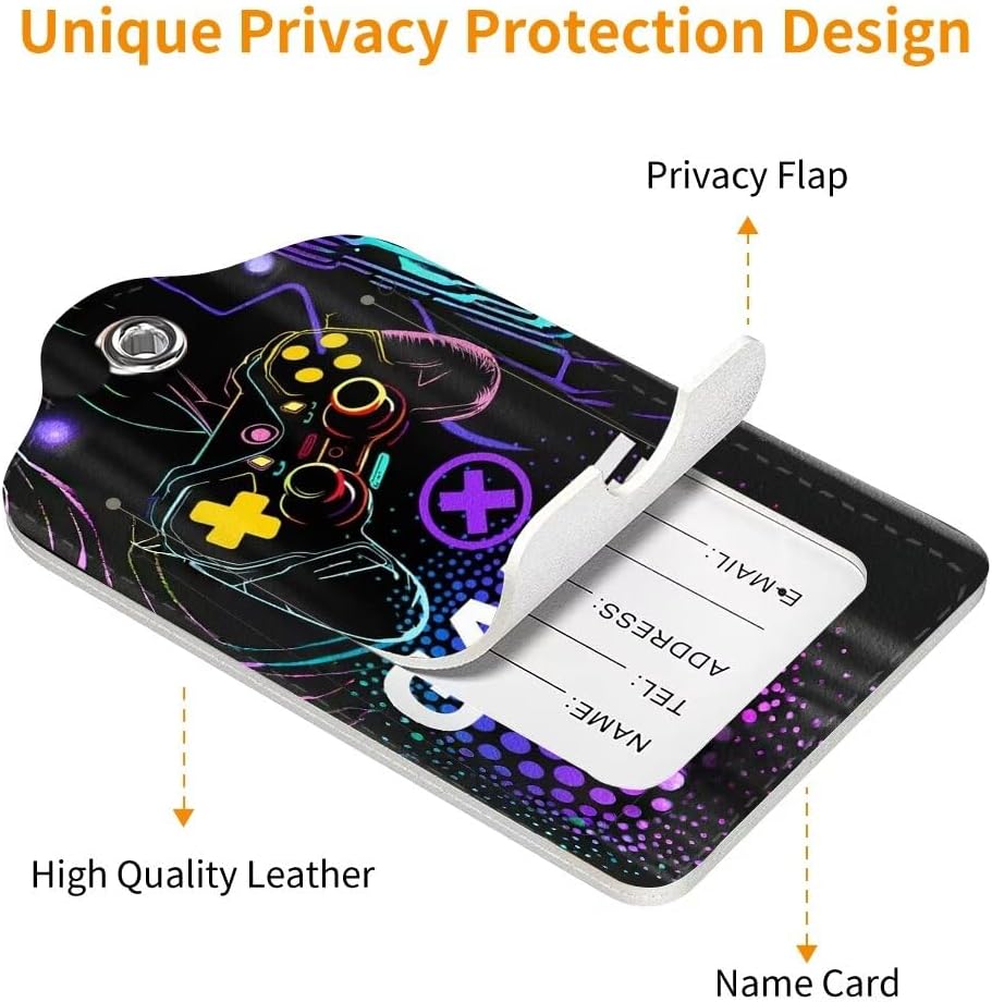 2 Pack Luggage Tag for Suitcase, Cute Unique Leather Bag Tags Identifiers Privacy Cover ID Label with Durable Steel Loop for Women Men Kids Girls Travel, Game on