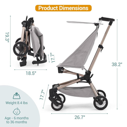 Jojoka Lightweight Stroller for Airplane,Compact Strollers for Travel,Foldable Toddler Pushchair with Carry Bag, Storage Basket, Rear Brakes, Adjustable Awning(Grey)