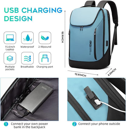 BANGE Business Smart Backpack Waterproof fit 15.6 Inch Laptop Backpack with USB Charging Port,Travel Durable Backpack (Light Blue(three Pocket), Medium)