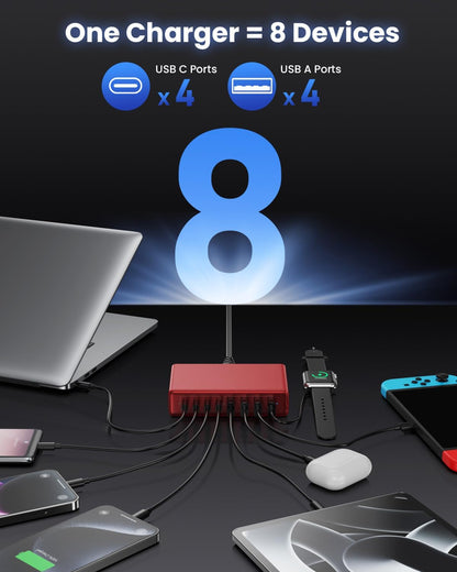 200W USB C Charger Block,GaN IV Charging Station 8 Ports,QC4.0 Fast Charging Station Hub+PD 65W USB C Laptop Charger Adapter Compatible with MacBook Air/Pro,DELL,iPhone 16/15,iPad,Steam Deck-Red