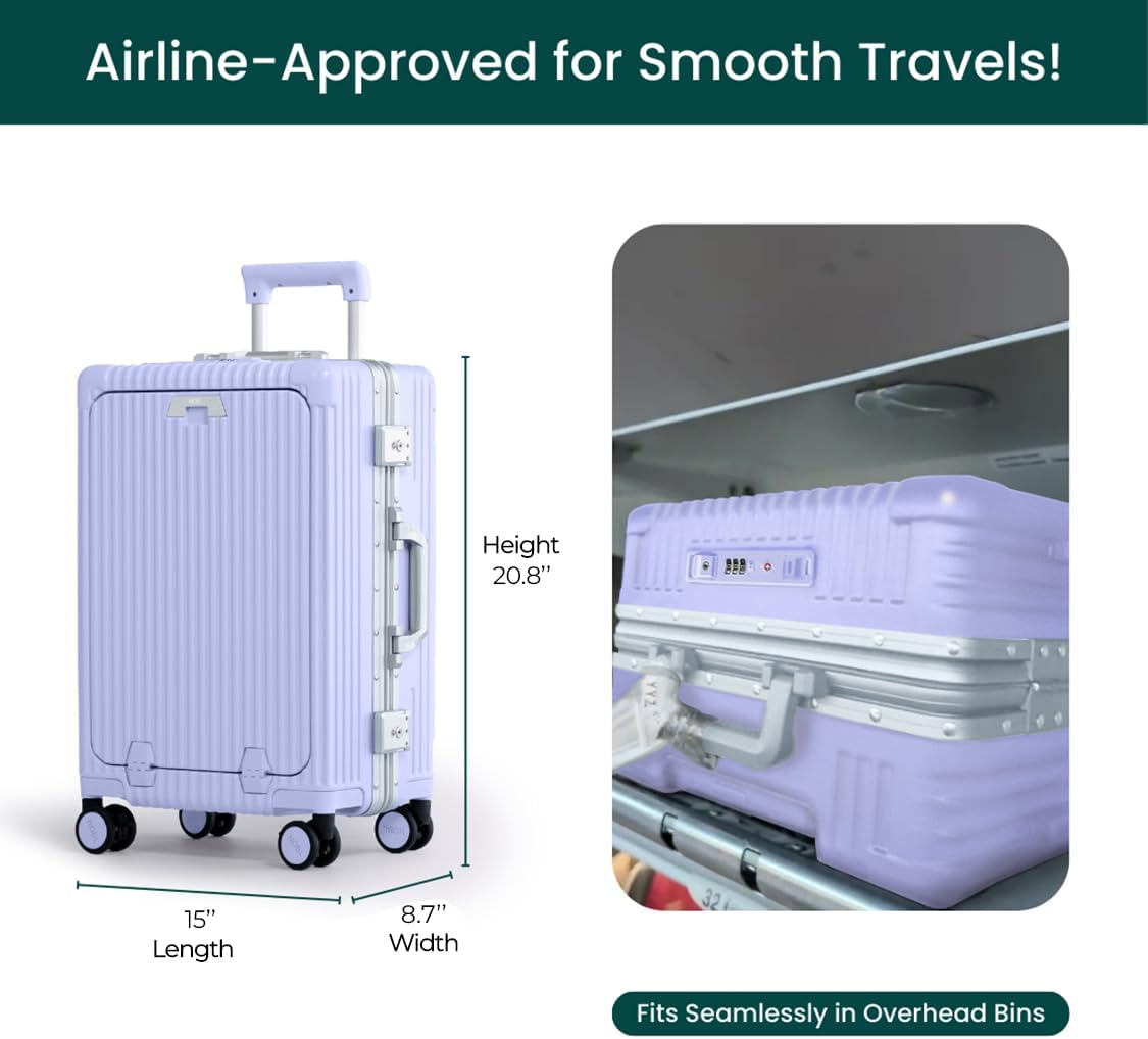 Nobl Travel Carry On Luggage, Noble Zipperless Aluminum Frame PC Hard Shell Suitcase, 20.8"x15"x8.7" Airline Approved, 360° Spinner Wheels, TSA Locks, USB Charging Port, Cup & Phone Holder - Lavender