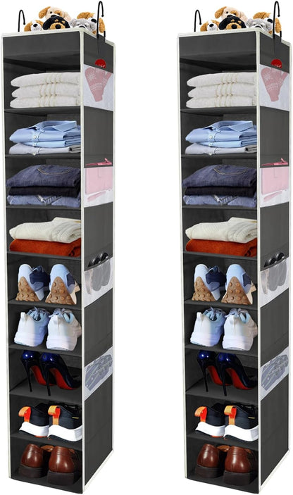 2 Pack Large-Sized Hanging Shoe Organizer 10-Shelf, Sturdy Hanging Closet Organizer with 8 Side Pockets, Wider Hanging Shelves for Storage Shoes Clothes Jeans Shirts Toys, Black