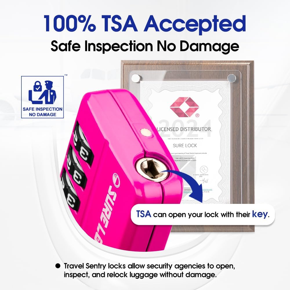 SURE LOCK TSA Approved 4-Digit Resettable Combination Luggage Locks with Open Alert, Easy-Read Dials - for Luggage, School Lockers, Gym, Office, Toolbox & Security Cases(4 Assorted Colors)