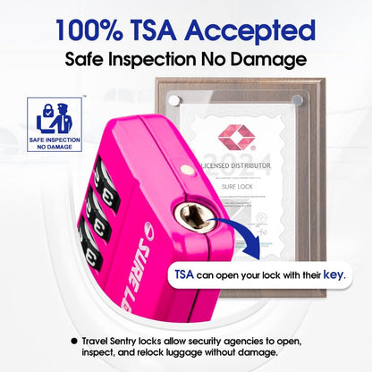 SURE LOCK TSA Approved 4-Digit Resettable Combination Luggage Locks with Open Alert, Easy-Read Dials - for Luggage, School Lockers, Gym, Office, Toolbox & Security Cases (Pink 2 Pack)