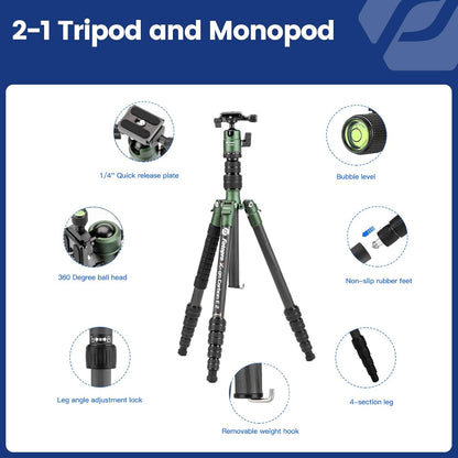 Fotopro 59" Carbon Fiber Travel Tripod, Compact Camera Tripod with Metal Ball Head, Detachable Monopod with Quick Release Plate and Bag, Load up to 8KG/17.63lbs