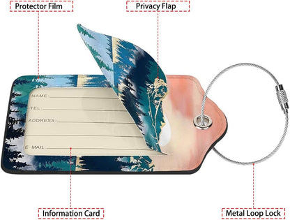 Mountain Forest Landscape Painting 2-Pcs Premium Leather Tags with Privacy Covers,Luggage Tag Stainless Steel Loops Ideal for Suitcases, Travel Bags, Backpacks