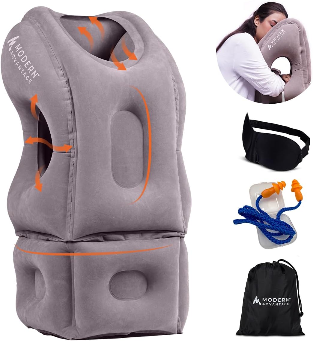 Modern Advantage Inflatable Travel Pillow for Airplanes with Adjustable Extra Bottom, Support Head & Chin to Avoid Neck & Shoulder Pain, for Travelling, Office Napping with Eye Mask & Earplug (Grey)