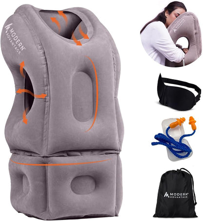 Modern Advantage Inflatable Travel Pillow for Airplanes with Adjustable Extra Bottom, Support Head & Chin to Avoid Neck & Shoulder Pain, for Travelling, Office Napping with Eye Mask & Earplug (Grey)