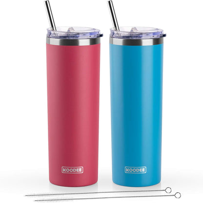 koodee 20 oz Skinny Tumbler (2 Pack) Stainless Steel Double Wall Insulated Water Tumbler Cup with Lid and Straw, Slim Travel for Women Diy Birthday Gift (Wine Red-Sky blue)