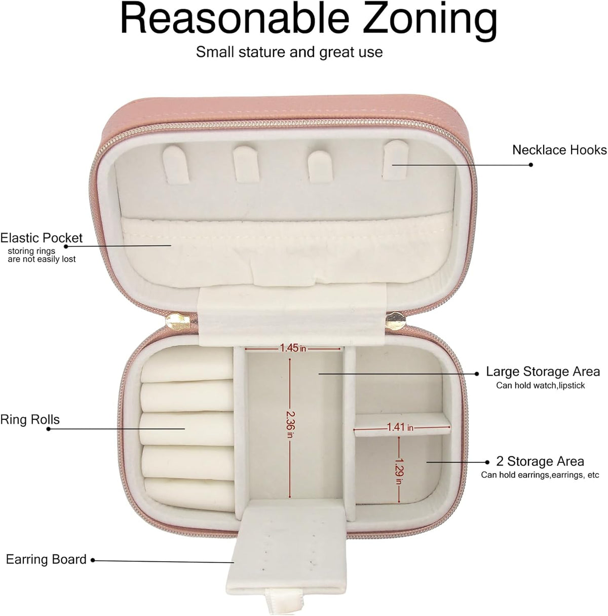 Small Jewelry Travel Case For Womens Small Rectangle PU Leather Jewelry Box With Zipper 2.56" H Portable Travel Jewelry Case For Earring Rings Necklaces Bracelets Pink Jewelry Gifts Box