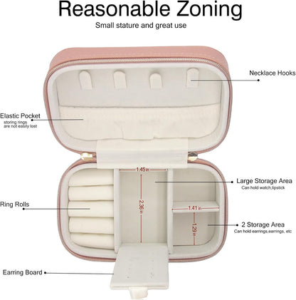 Small Jewelry Travel Case For Womens Small Rectangle PU Leather Jewelry Box With Zipper 2.56" H Portable Travel Jewelry Case For Earring Rings Necklaces Bracelets Pink Jewelry Gifts Box