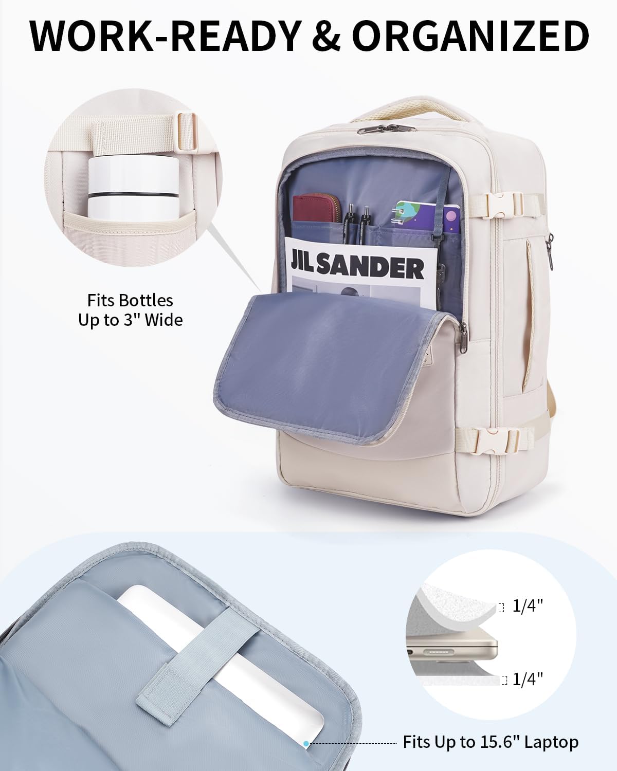 ECOHUB 30L Carry on Travel Backpack for Men Women 18x14x8, 17 inch Expandable Airlines Personal Item Bag Water Resistant Laptop Backpack Flight Approved with USB Slot & Wet Pocket, Beige