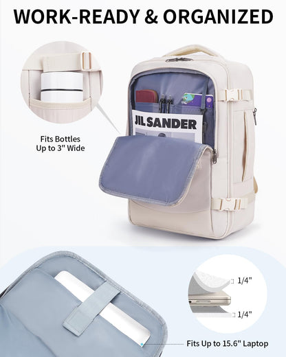 ECOHUB 30L Carry on Travel Backpack for Men Women 18x14x8, 17 inch Expandable Airlines Personal Item Bag Water Resistant Laptop Backpack Flight Approved with USB Slot & Wet Pocket, Beige