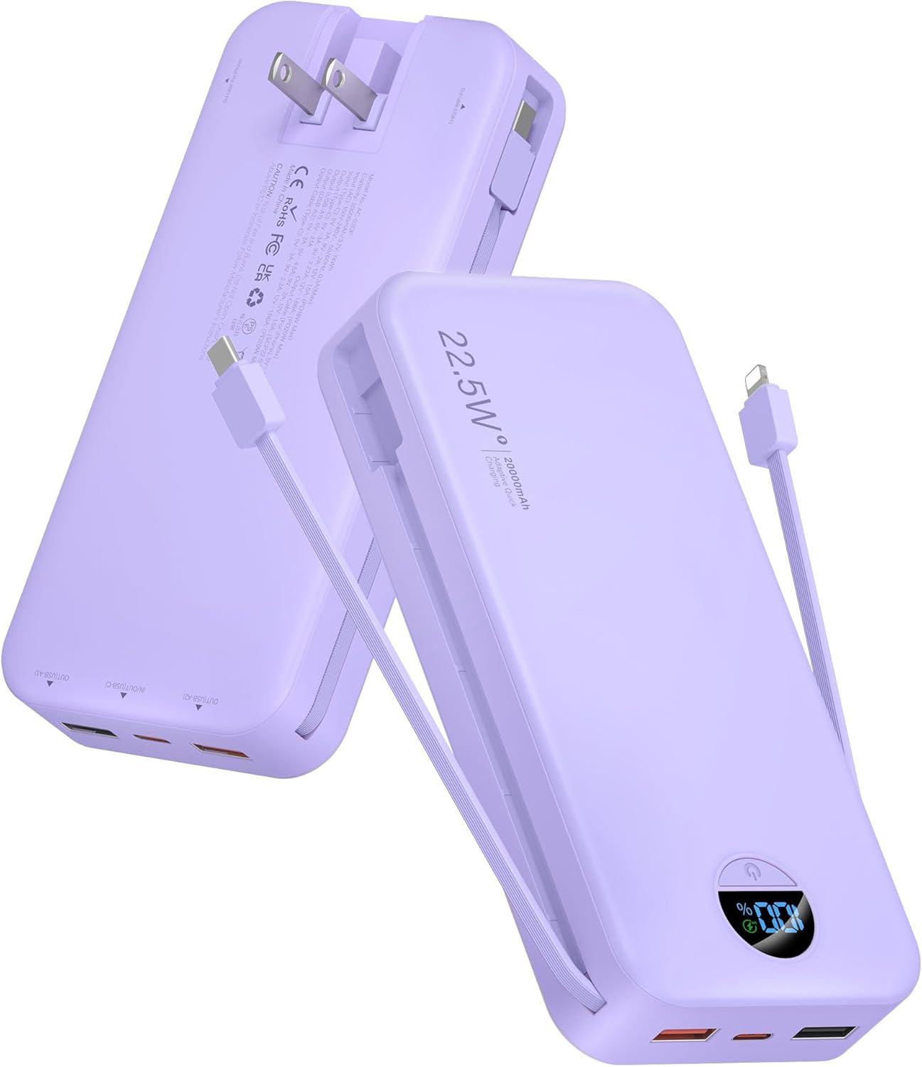 Portable Charger, 20000mAh 22.5W USB C Fast Charging Power Bank with Built-in Cables & Wall Plug, External Battery Pack with LED Display, Travel Essentials Compatible with iPhone, iPad, Samsung Purple