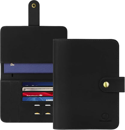 Jack&Chris Genuine Leather Handmade Passport Holder For Travel, RFID Blocking Passport Holder with Card Slots, Travel Essentials wallet with Pen Holder for Women and Men for Gifting, Black