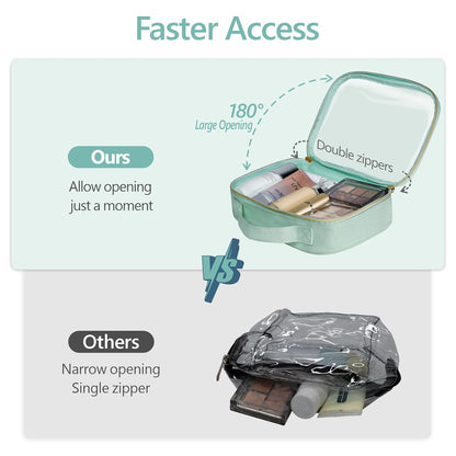 PACKISM TSA Approved Toiletry Bag - Glitter Textured Clear Makeup Bag, Personalized and Fashion, with 180° Large Opening and Supporting Frame, Perfect for Travel Essentials, Thick No Smell, Green