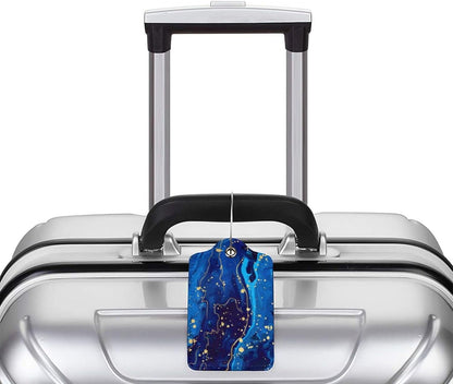 Blue and Gold Marble Luggage Tags with Full Back Privacy Cover Name ID Card Stainless Steel Loop Suitcase Labels Address Card PU Leather Baggage Tags Luggage for Women Men Travel