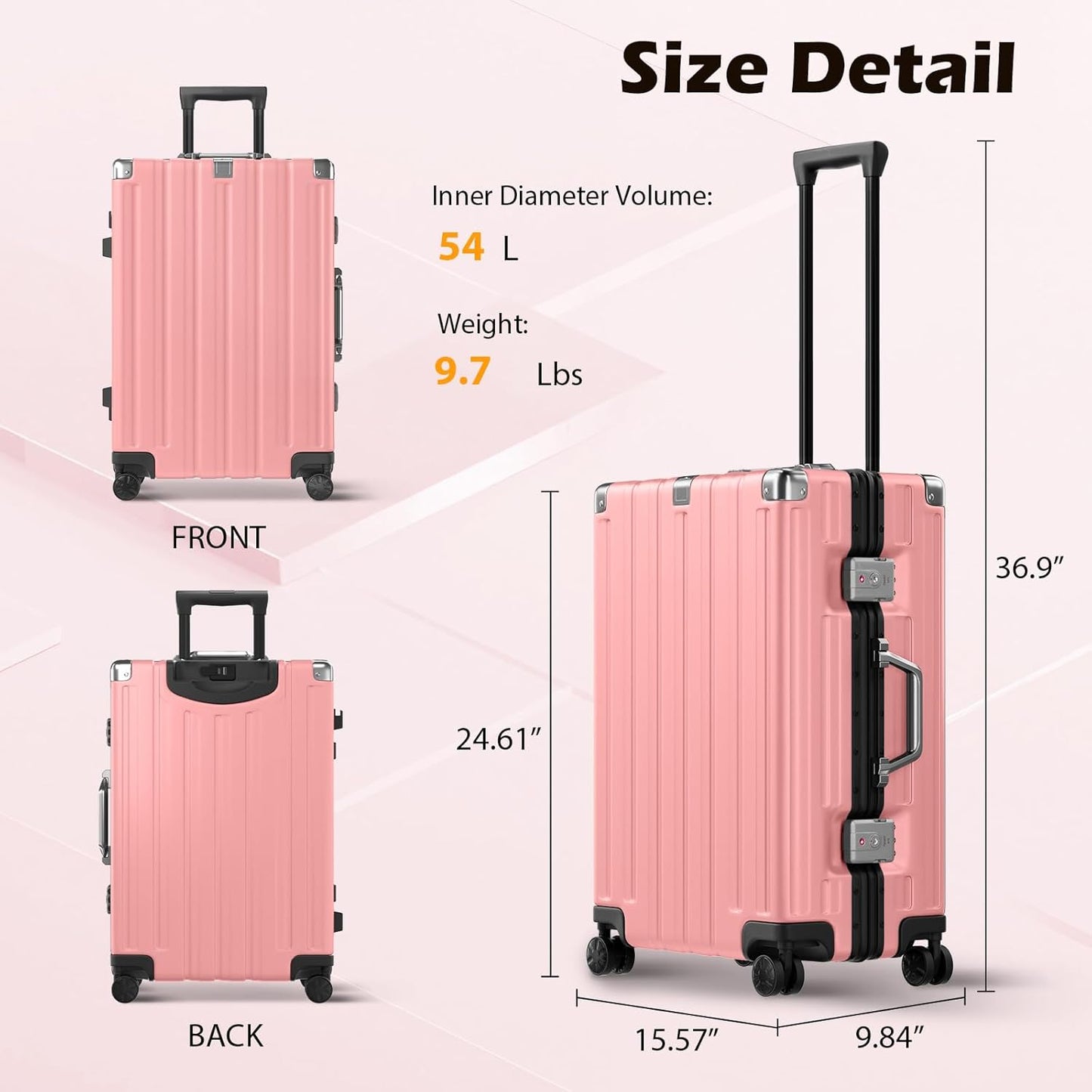 Krute Checked Aluminum Frame Suitcase 24 Inch Zipperless Luggages Hardside PC Luggage With Spinner Wheels TSA Lock USB Charger Suitcases(1 Piece)