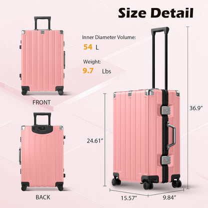 Krute Checked Aluminum Frame Suitcase 24 Inch Zipperless Luggages Hardside PC Luggage With Spinner Wheels TSA Lock USB Charger Suitcases(1 Piece)