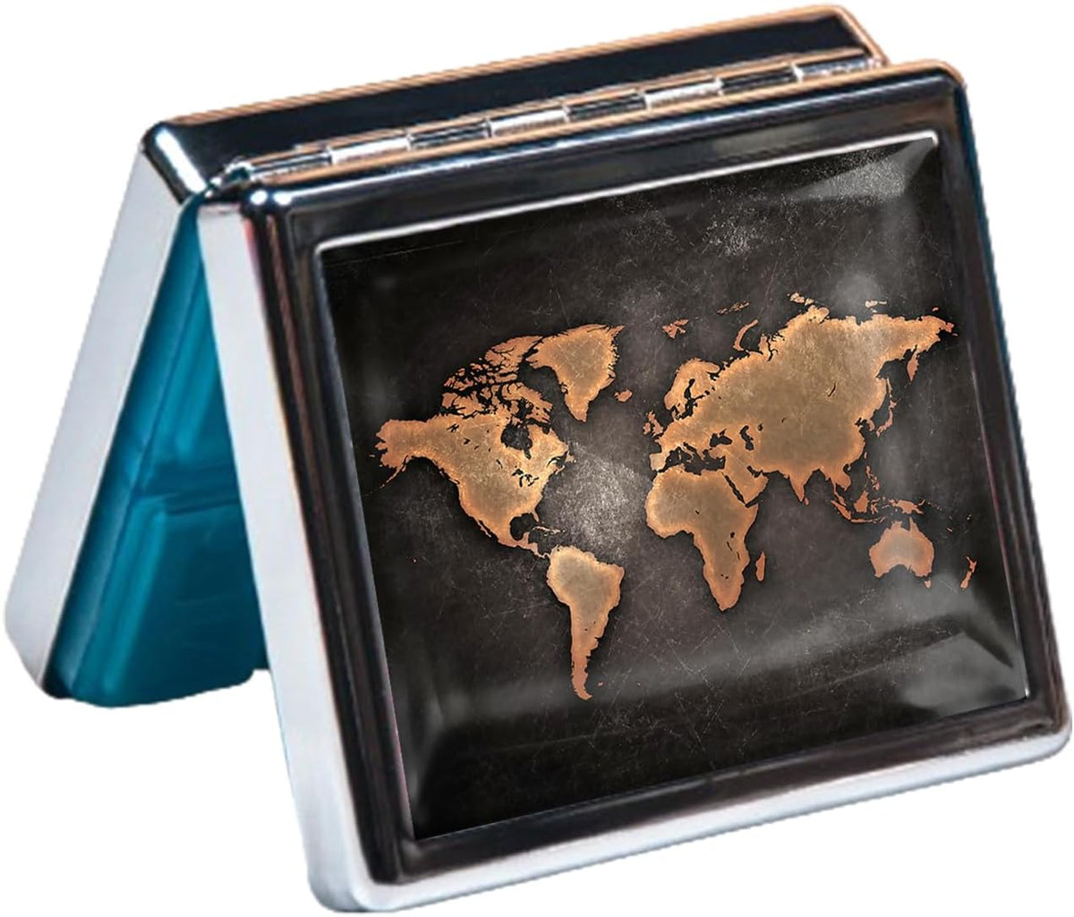 Silver Vintage Pill Box 7 Day Metal Pill Box with Mirror and 8 Compartments Cute Travel Pill Organizer for Purse (Vintage World Map)