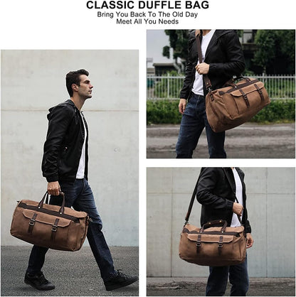 Duffle Bag for Men Waterproof Genuine Leather Canvas Travel Duffel Bags for Women Overnight Weekender Bag for Traveling