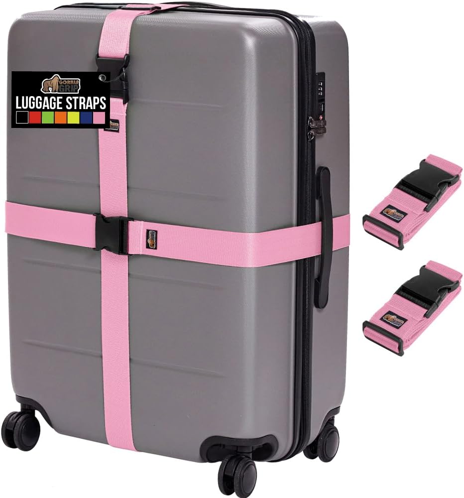 GORILLA GRIP Heavy Duty Adjustable Luggage Straps for Suitcases, Easy to Identify Travel Belt Connector Holds Suitcase Together, Extends Life of Bag, Strap Connects Two Bags, Accessories 2 Pack Pink