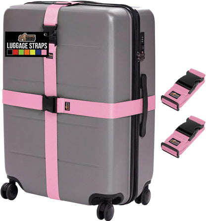 GORILLA GRIP Heavy Duty Adjustable Luggage Straps for Suitcases, Easy to Identify Travel Belt Connector Holds Suitcase Together, Extends Life of Bag, Strap Connects Two Bags, Accessories 2 Pack Pink