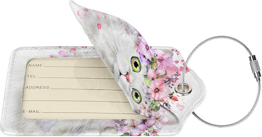 2 Pcs Cute White Cat with Pink Flowers Pattern Leather Luggage Tags, Funny Animal-Themed Suitcase Labels Bag Tag Name ID Labels with Privacy Cover for Teen Kids Adults