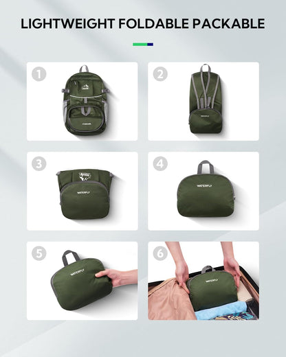 WATERFLY Hiking Foldable Daypack Backpack: 25L Ultra Lightweight Packable Waterproof Outdoor Travel Day Pack for Woman Man