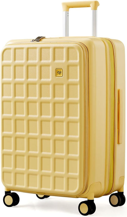 aji Expandable Top Opening 26 Inch Checked Luggage with Spinner Wheels, Large Suitcase with TSA Lock, Hard Shell Travel luggage Suitcases for Men Women, for 20+Days Travel, Cheese Yellow