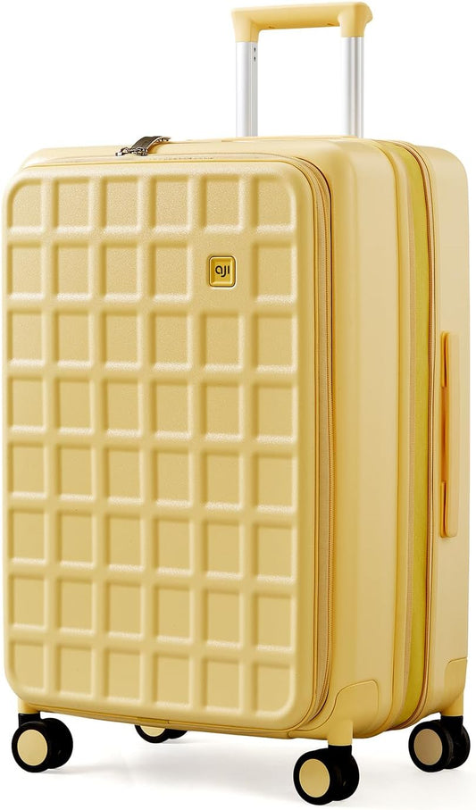 aji Expandable Top Opening 26 Inch Checked Luggage with Spinner Wheels, Large Suitcase with TSA Lock, Hard Shell Travel luggage Suitcases for Men Women, for 20+Days Travel, Cheese Yellow