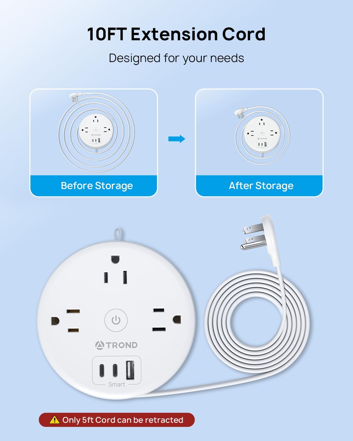 TROND Flat Plug Power Strip - Extension Cord 10FT Semi-Retractable, Power Strip with 3 AC Outlets 3 USB Ports (2 USB C), Cruise Ship Essentials, Desktop Charging Station for Home, Hotel, Dorm